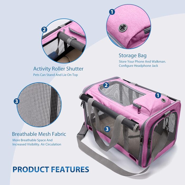 Транспортна переноска для котів та собак PETCUTE, рожева, 9 кг, складна, з плечовим ременем, для подорожей та кемпінгу