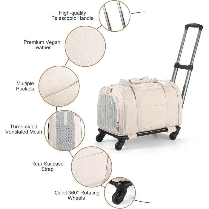 Сумка-переноска для тварин з екошкіри на колесах, для собак та котів до 6,8 кг, дозволена для перевезення в літаку, для подорожей, кемпінгу (Білий/Опудаловий сад)