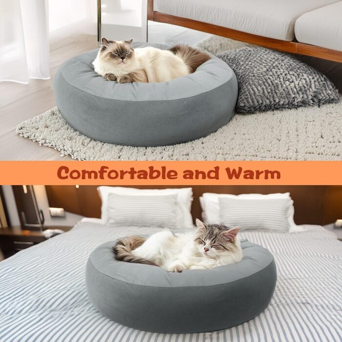 Кішечкове ліжко Nobleza з регульованою температурою, тепла підстилка у вигляді пончика з захисним кабелем, що не гризеться, 50 см, сіре