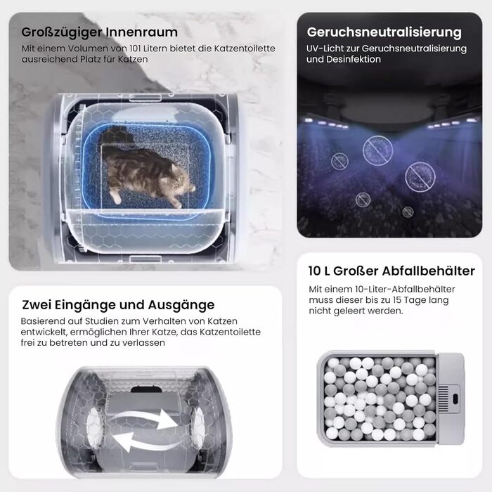 Автоматичний лоток для котів AstroPet 101L з самоочищенням, килимком, керуванням через додаток, великий XXL, для кількох котів, з двома входами, UV-стерилізація, дезодорація негативними іонами кисню, сірий