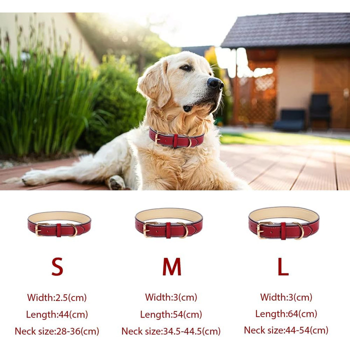 Нашийник для собак з червоної шкіри - якісний, м'який, з відбиваючими елементами та золотистою блискавкою для собак малих, середніх та великих порід