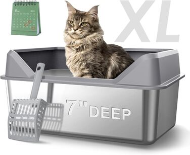 Великий котячий туалет з кришкою XL, нержавіюча сталь, високі борти, для великих котів, з лопаткою, не прилипає, не протікає, легке очищення