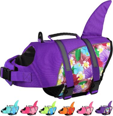 Жилет для плавання собак Doglay, Ripstop, з милим зображенням акули, надзвичайною плавучістю та рятувальним ручкою, регульований, для великих собак, фіолетовий з квітковим малюнком