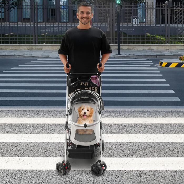 Візок для собак та котів, складний, до 12 кг, з кошиком та страхувальним тросом, сірий