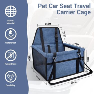 Автокрісло для собак - стабільне, з дихаючого оксфорду, для маленьких та середніх собак, синього кольору