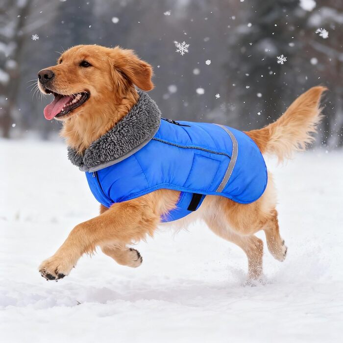 Зимовий теплий одяг для собак - куртка з регульованим коміром та світловідбиваючими елементами (Синій, XXL)