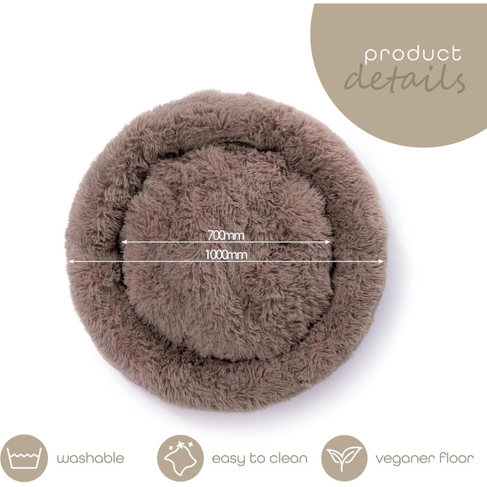 М'яке ліжко для собак та котів Paco Home: кругла подушка-донать, бежевий колір, розмір Ø100 см, 100x100x20 см, зручне та миється