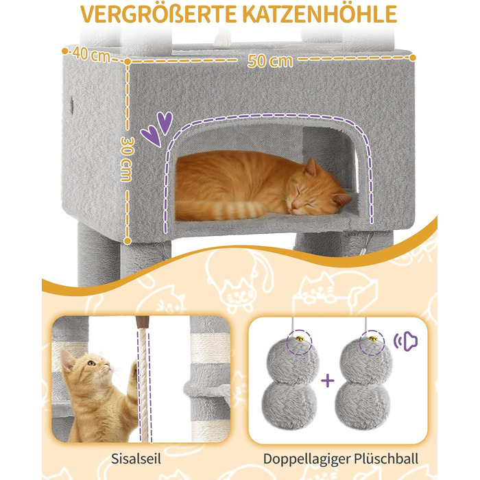 Комплекс для котів Hzuaneri Kratzbaum 156 см: Дряпка-стовпчик з платформами, печерами та гамаком (сірий)