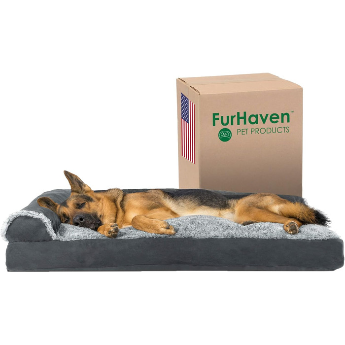 Крісло-лежанка для собак великих порід FurHaven, лежанка-халапа, знімні валики для шиї, знімний та пральний чохол, плюш та оксамит, сірий колір, розмір Jumbo/XL (102 x 81 x 20 см)