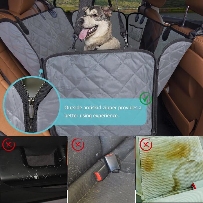 Гамак для собак у машину | Сітка на вікно та ремінь безпеки | 100% водонепроникний чохол на заднє сидіння для собак, безпечні поїздки з захистом бокових дверей | Нековзний, стійкий до подряпин, сірий стандартний чохол на заднє сидіння