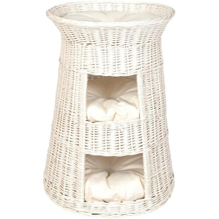 Кігтечка-ліжко для котів - Кругла кімната для відпочинку - Кігтечка з лози - Триповерхове ліжко для собак або котів - Плетена корзина білого кольору - (Бежева подушка)