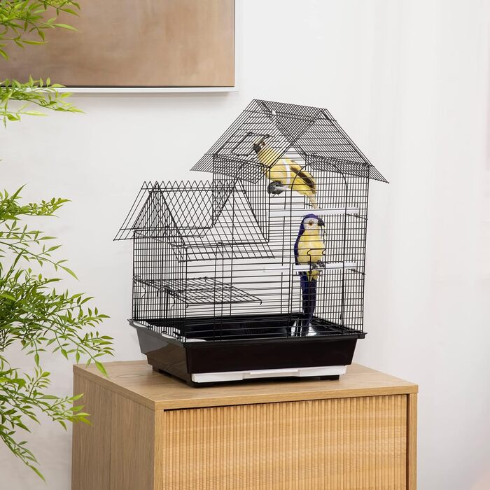 Клітка для птахів PawHut 39x33x47 см, металева, 3 дверцята, 2 годівниці, 2 жердочки, висувний піддон, ручка, для канарейок, чорна