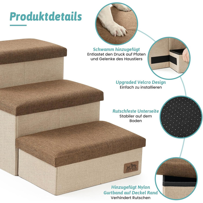 Сходинка для собак маленьких порід зі зберіганням, широка, складна для ліжка та дивану, з неслизьким покриттям, вологостійка (3x97x56 см), колір: коричневий, 4 ступінці, розмір: 43x97x56 см