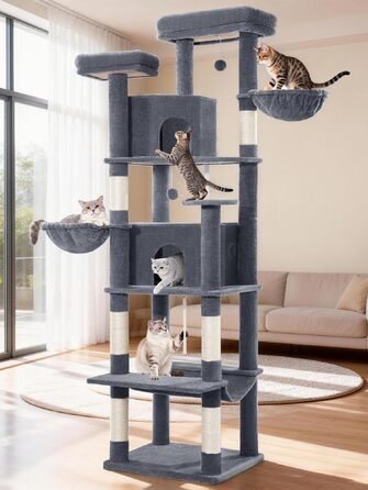 Драбина для котів Kratzbaum Groß 216 см, XXL розмір, стабільна з крізьолунами, 2 затишні будиночки, 2 платформи, 2 кошики, гамак, для дому, FPMS007FG1 (60 x 50 x 216 см, темно-сірий)