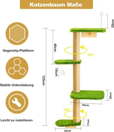 Кліматична стіна для котів Kratzbaum 125 см: 4 яруси, натуральне дерево, міцний фетр, зелений колір