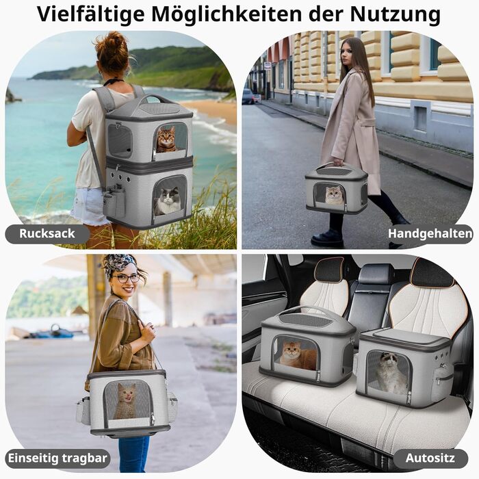 Рюкзак-переноска для котів FASNATI на 2 котів до 12 кг, сірий, для подорожей та кемпінгу