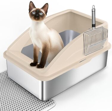 FURTIME Лоток для котів з нержавіючої сталі XXL, 28 л, велика місткість, проти протікань, з металевою лопаткою, 60x40x31 см, сріблястий