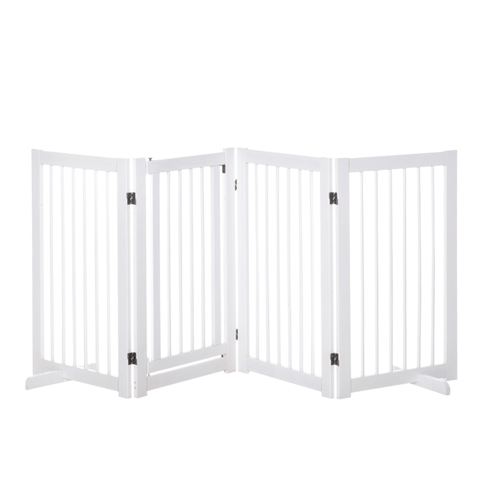 PawHut Barrier Dog 4 частини, 220 x 91 см складні ворота з дверима, окремо стоячі ворота для собак з 2 опорними ніжками, дерев'яні сходові ворота для передпокою, кухні, сходів, білі | Аосом