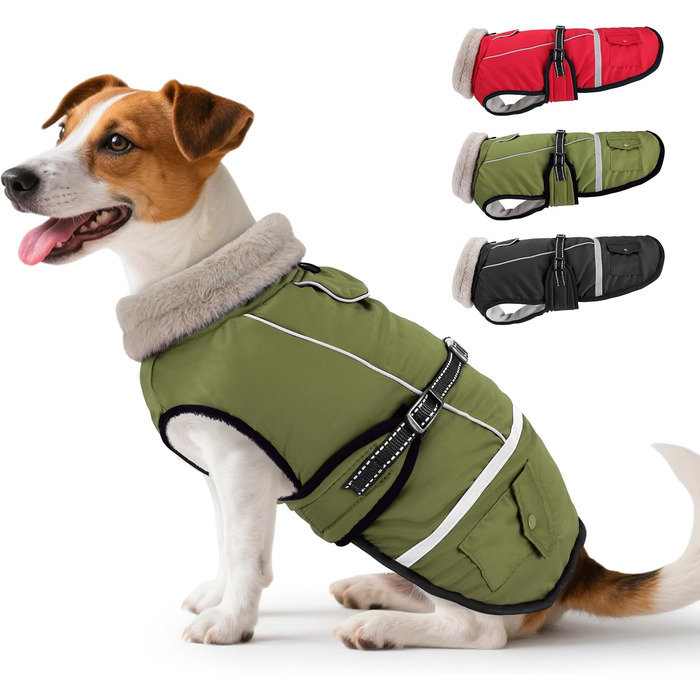 Водонепроникний зимовий одяг для собак середнього розміру, флісова куртка з регульованими ременями, з світловідбиваючими смугами, для Бордер Коллі, оливковий, L