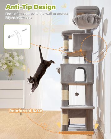 Кігтеточка для котів Taoqimiao 193 см, велика, XXL, з будиночками, гамаком, платформами та 8 стовпчиками для заточування кігтів, сірого кольору MS046W