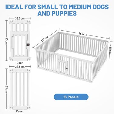 Клітка для цуценят FASRIOU Indoor 65 см, пластикове огородження для собак з антиковзкими присосками, вольєр для маленьких собак, 18 панелей (168 x 135 x 65 см), з окремими секціями
