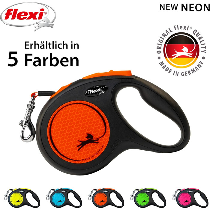 Flexi Neon M рулетка для собак до 25 кг, чорний/неоновий помаранчевий, світловідбиваючі смуги
