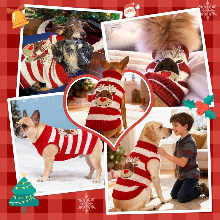 Пуловер для собак на Новий рік, теплий, м'який, осінньо-зимовий, з високим коміром, в'язаний, одяг для цуценят, милий олень, червоний, светри для собак, святковий, з короткими рукавами, (XXS (1-3 lbs), червоний/білий)