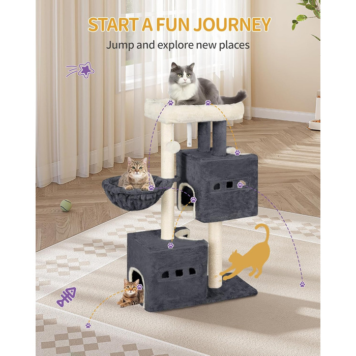 Дерево для котів Hzuaneri, 98 см, зі стійкою конструкцією, великою лежанкою, котячою печерою, сизалевими стовпчиками, кошиком та іграшками, сірий колір MS10018SG