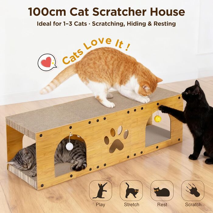 Кігтеточка Gimars для котів 100x30x30 см з м'ячем, тунелем та картонною поверхнею. Великий дім-будка XXL для котів, захист меблів.