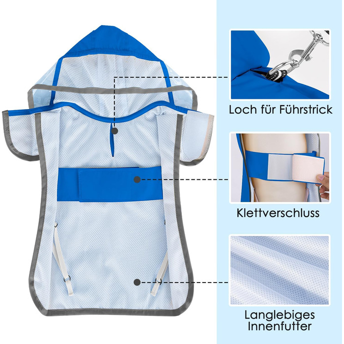 Водонепроникний дощовик для собак Eyein, дощовик для маленьких собак з капюшоном та м'якою підкладкою, регульована куртка для собак з світловідбиваючими смугами, вітронепроникний та легкий (XXL, Синій)