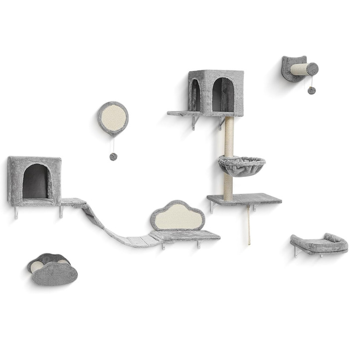 Комплекс для котів BYBYME з гамаком, ліжком та високими полицями, 6 предметів. Міцний, з плюшем, сизалевим покриттям та крізьовим покриттям. Для кількох котів. (Світло-сірий)