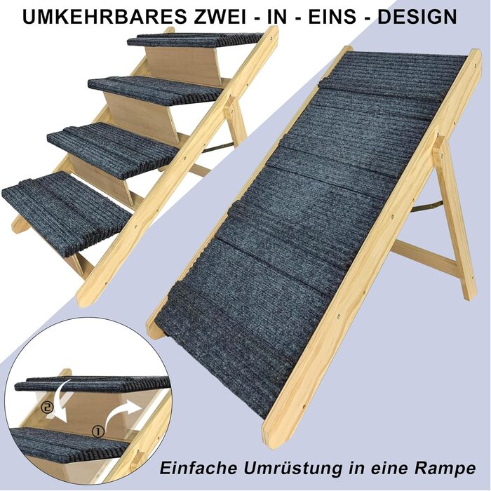 Сходинки для собак 2-в-1 зі справжнього дерева (сосна) – складані, протиковзні, для виходу на вулицю, до 80 кг, 100×46×9 см