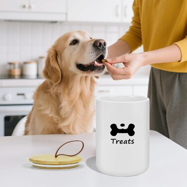 Керамiчний контейнер для ласощів для собак, 7.7'x5', білий, з кришкою