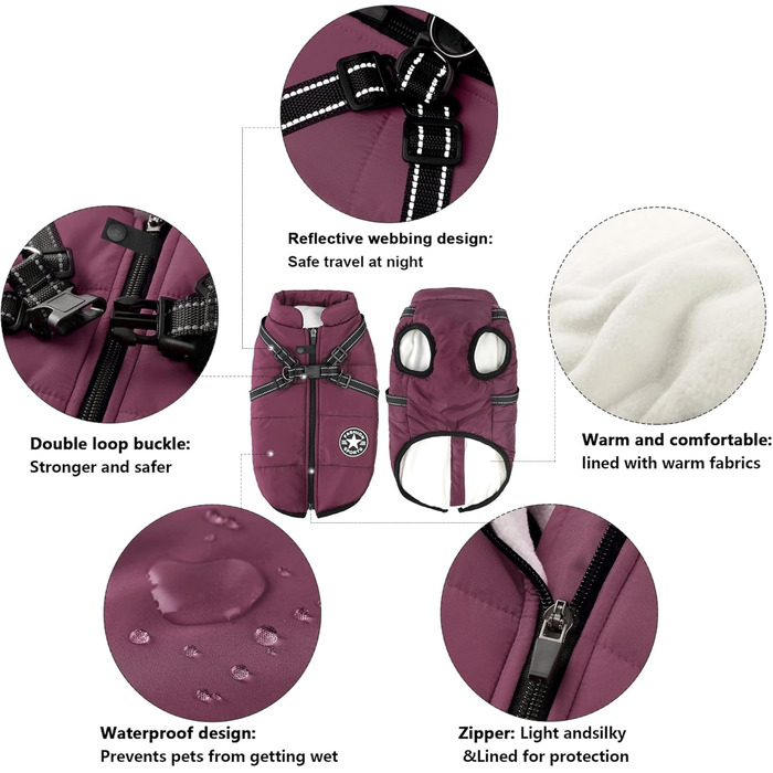 Зимова куртка для собак Aiboria 2-в-1: вітронепроникна, водонепроникна, тепла, з обладнанням для прогулянок, розмір M (фіолетовий)