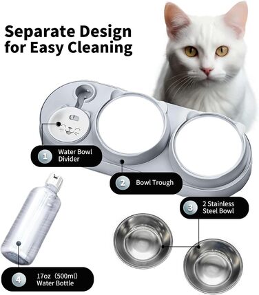 Набір мисок для котів Marchul 3 в 1: годівниця, поїлка з дозатором, миски з нержавіючої сталі, нахил 15°, для котів та собак маленьких та середніх порід (сірий)