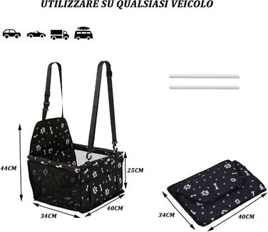 Автомобільний сидіння для собак на переднє пасажирське місце - чорний, з принтом лап, з ременем безпеки, водонепроникний, складна подушка