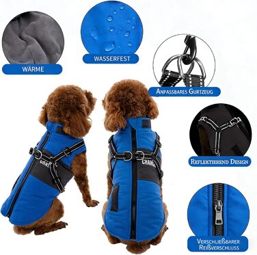 Зимова куртка для собак, дихаюча та водонепроникна - шлейка для собак з світловідбиваючими смугами - теплий одяг для собак малих та середніх порід та цуценят S, темно-синій