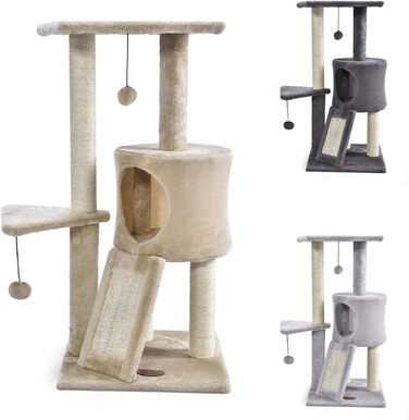 Дряпалка для котів PATAM з натурального сизалю, з котячою печерою та рампою, посилена основа, легка збірка - висота 83,5 см, іграшки Беж (Беж)