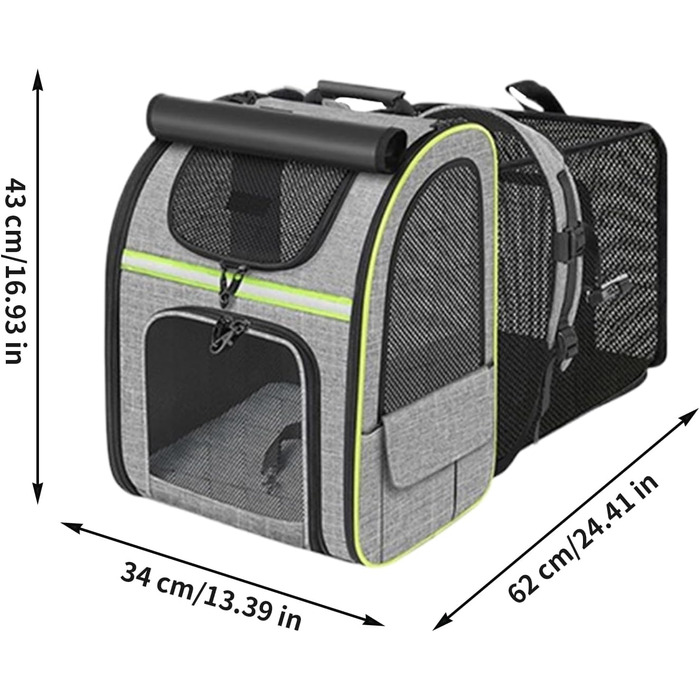 Висувний рюкзак для котів | Транспортна сумка для котів – переноска для тварин, розширювана, дихаюча, складна, для подорожей, піших прогулянок, транспортування (Сірий з зеленими краями)