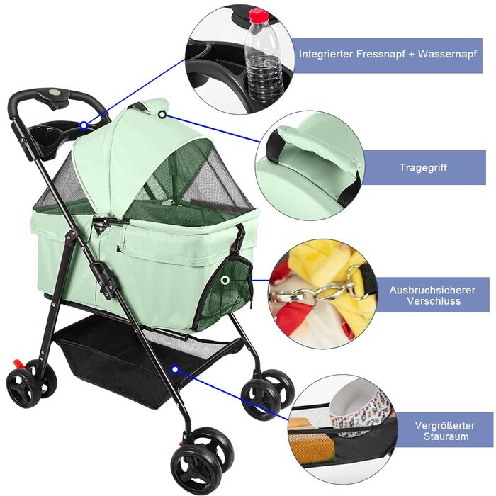 Візок для собак і котів OHMG, розкладний, до 20 кг, з гальмами, великий кошик, 3 вікна, тримач для напоїв, зелений (50 x 65 x 99 см)