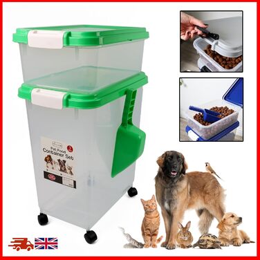DIVCHI Контейнер для зберігання корму для тварин, 3 шт. з мірною ложкою, для собак, котів, корму, з роликами, зелений