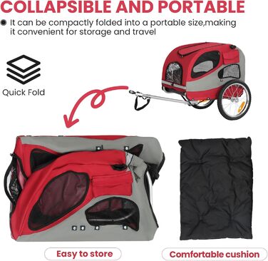 Причіп для собак до 30 кг, складний, з відбивачами, сумкою, м'яким внутрішнім простором та страхувальними ременями, червоний