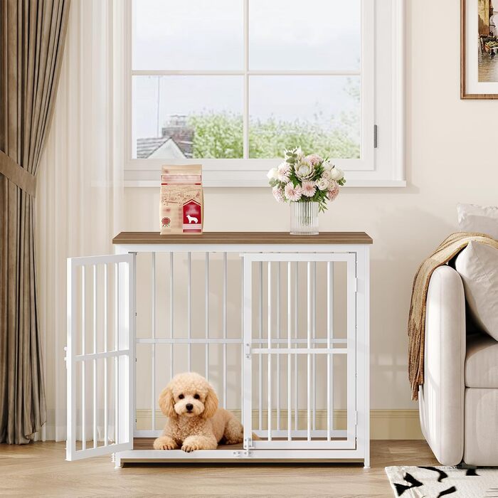Будиночок для собак 100 см, дерев'яна клітка для дому з 3 дверцями (100x60x70 см), вінтажний коричнево-білий, для середніх та великих порід