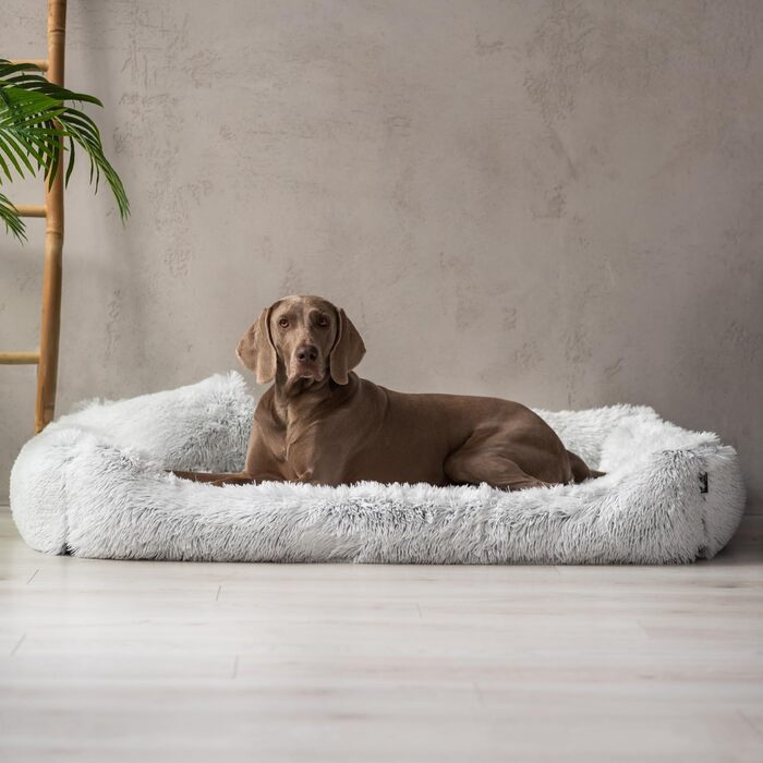 Ортопедичне ліжко для собак Tierlando® Pedro Shaggy з м'яким, пухнастим покриттям з довгого ворсу, знімним Ortho-Plus матрацом, розмір: 160x110 см, колір: світло-сірий