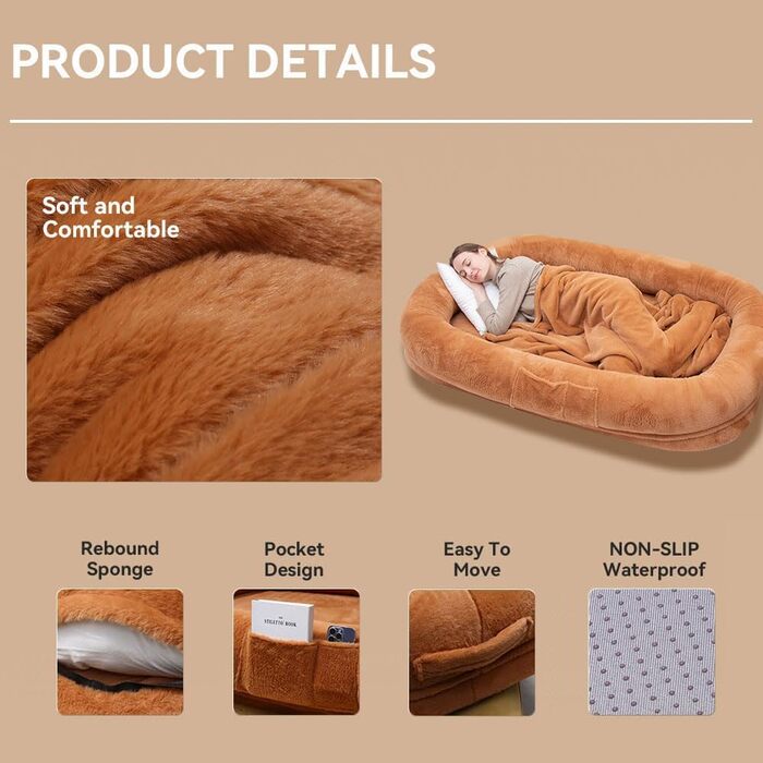 Ліжко для собак великих порід, 160 x 93 x 27,9 см, з м'яким бортиком, знімним чохлом, вологостійким підкладом та додатковою ковдрою, зручне та митеве