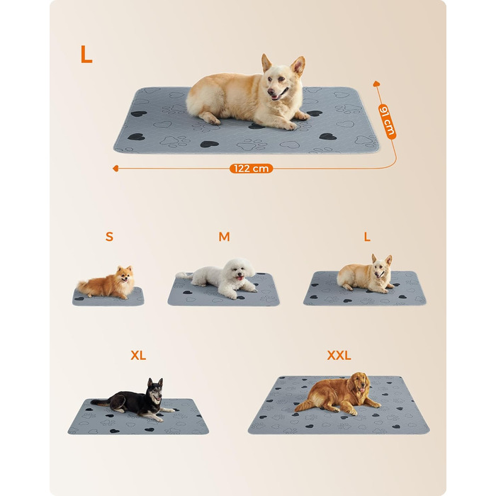 Підстилка для собак Feandrea, 2 шт. в наборі, XL (122 x 91 см), сіра, водонепроникна, супер поглинаюча, не слизька, для цуценят та собак