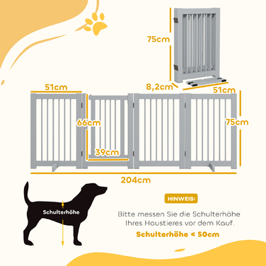 PawHut Barrier Dog 4 частини, Ворота для собаки з дверима, Ворота для собак складні, дерево, світло-сірий