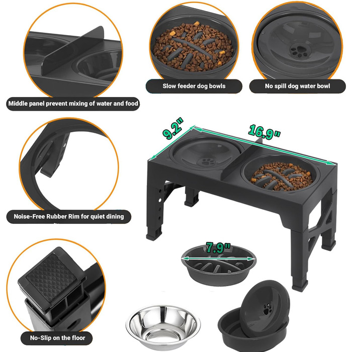 Підвищений миска для собак Arsagoo: 1 x 1100 мл з нержавіючої сталі, 1 x для повільного годування, 1 x водовідштовхувана, регульована по висоті (5 рівнів) для собак маленьких та середніх порід