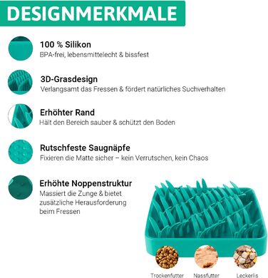 Силіконова килимок для собак PEGGY11, 28×28 см, Slow Feeder, антиковзаюча, легка у чищенні, з 3D-дизайном трави