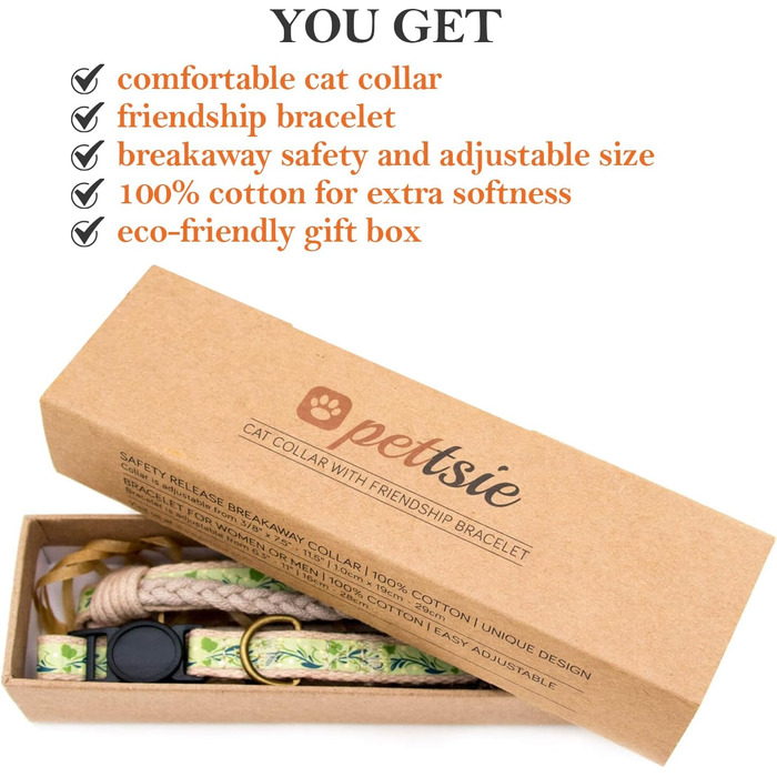 Набір нашийник та браслет для котів Pettsie, безпечний дизайн, бавовна, регульований розмір 19-29 см, зелений